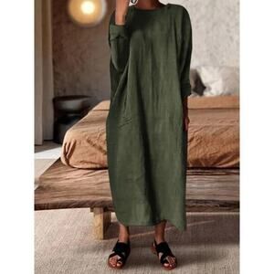 NEW Linen Soft Cotton Kaftan 3/4 Sleeve Loose Casual Maxi Dress L Khaki Green